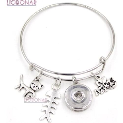 10PCS Wholesale Snap Jewelry Animal Bracelet Pet I love Cats Fish Bone Charms Bangle Snap Bracelets for Cat Lover Gifts