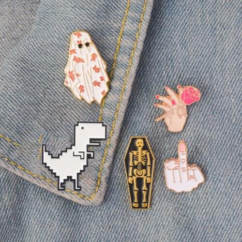 Hot Collection ! Cartoon Halloween Coffin Skeleton Skull XXXX OFF Middle Finger Rose Flower Muslim Badges Enamel Brooches Pins