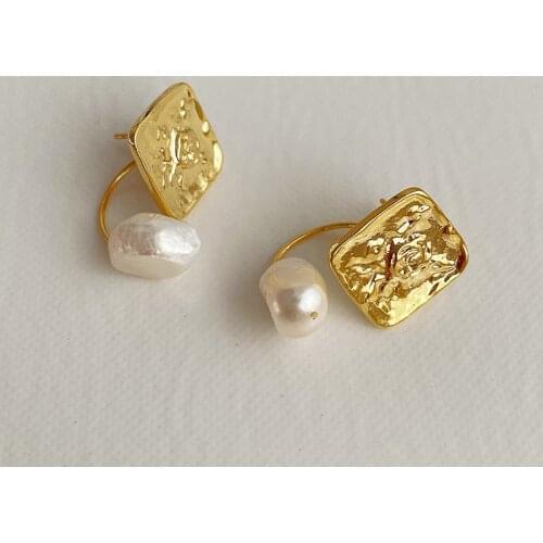 SRCOI Vintage Irregular Texture Square Freshwater Pearl Stud Earrings Front Back Double Sided Simple Ins Earrings New Arrive