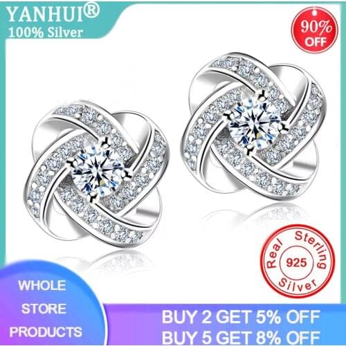 YANHUI 100% Original 925 Solid Silver Crystal Stud Earrings For Women Luxury Cubic Zirconia Wedding Earring Jewelry Accessory