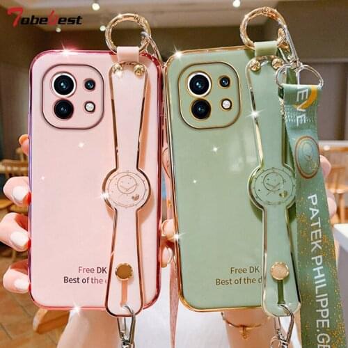 Lanyard Wrist Strap Hand Band Plating Silicone Case For Xiaomi Mi 11 Ultra Lite Pro Coque Stand Soft TPU Cover