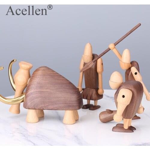 Nordic Wooden Primitive Man Mammoth Elephant Miniature Figurines Home Decor Modern Desk Decoration Accessories Art Ornaments