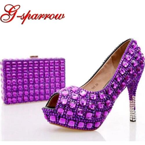 Purple Rhinestone Bridal Wedding Shoes with Clutch Bag Peep Toe Crystal Party Pumps Graduation Party Heels with Matching Bag