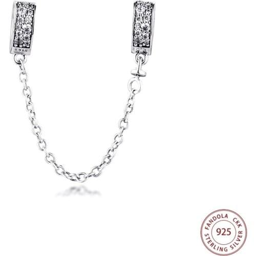 Sparkling Love Safety Chain Charm Bead Fits Europen Charms Bracelet 925 Sterling Silver Metal Beads for Jewelry Making