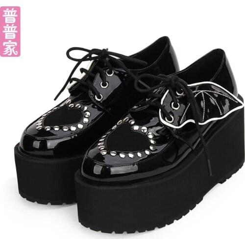 Princess sweet lolita shoes Autumn patent leather Love rivet wings decorated with thick bottom sponge cake shoes women pu8828