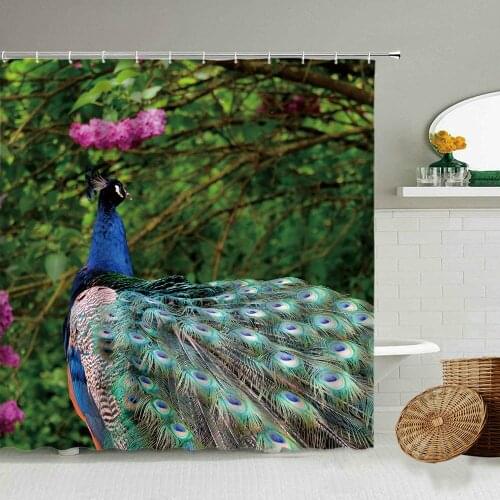 Blue Peacocks Feather Bird Animal Shower Curtain Flower Green Plant Natural Scenery Photography Bathroom Waterproof Screen Set