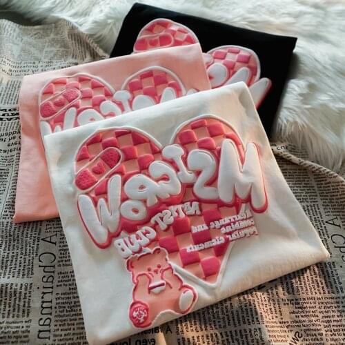 Harajuku girls womens T-shirt oversize top letter jacquard round neck short sleeve loose summer T-shirt cute white T-shirt