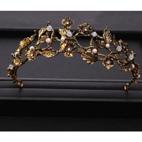 Vintage tiara Wedding Crown Bridal Headpiece Hair ornaments Pearl Flower Leaf Queen Crown Prom Party Wedding Hair Accessories