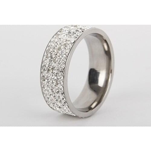 Women Men Luxury Stainless Steel Ring Crystal Rhinestone Wedding Engagement Ring Band Fashion Jewelry Size 6-13 8mm