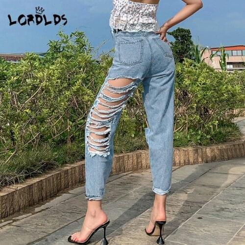 LORDLDS Women High waisted Ripped Jeans 2020 Summer Casual blue hole Pants Loose Zipper denim trousers for women
