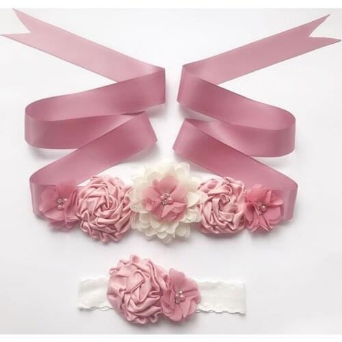 Women Wedding Fashion Dress Belts Wedding Bridal Flower Girl Sash Satin Ribbon Flower Belt With baby Headband