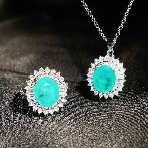 New Brazilian Paraiba Tourmaline Gemstone Ring Necklace Jewelry Sets Women Ladies Retro Lab Diamond 925 Silver Jewelry Gift