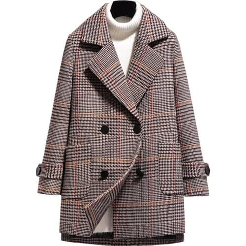 2020 Fashion women Autumn Winter retro plaid woolen coat female Korean Double breasted Woolen Overcoat Plus Size Outerwear R479