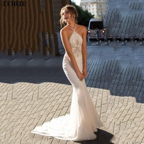 Lorie Beach Mermaid Wedding Dress 2019 Chiffon Boho Lace Bridal Dresses Halter Wedding Gowns Vestidos de novia