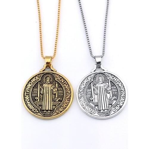 1Pcs Saint St Benedict Of Nursia Patron Against Evil Cross Medal Religious Pendant Necklaces 23.6 Inches 32X42mm A-484d