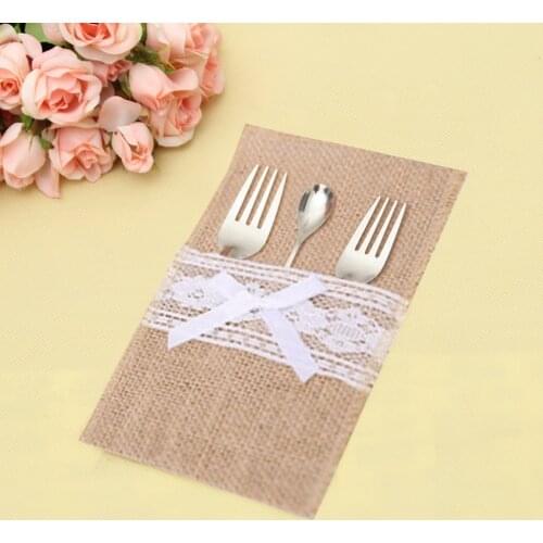 100pcs Burlap Lace Cutlery Pouch Tableware Hessian Rustic Jute Wedding Party Knife Fork Holder Bag Table Decoration Accessories