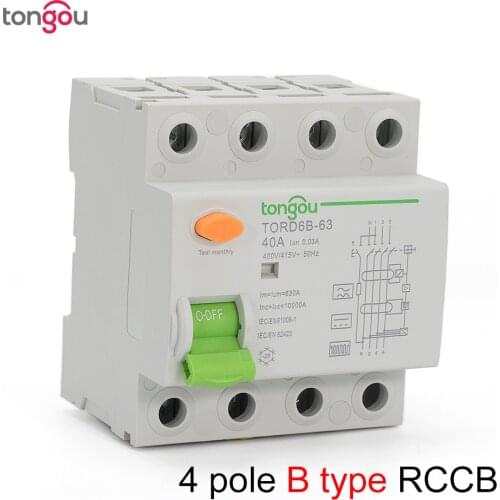 4P 63 Amp Type B 10KA RCCB RCD 230V 400V 30mA Residual Current Circuit Breaker TORD6B-63