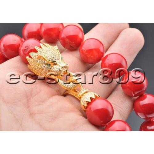 AAA+ Natural 18" 16mm Red Round Coral bead Necklace CZ Cougar