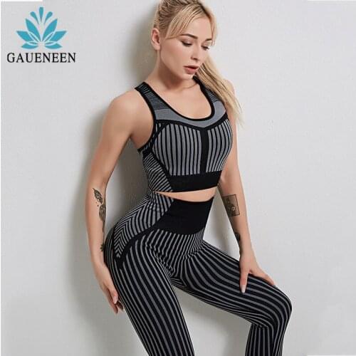 GAUENEEN Strip Seamless Women Yoga Set Fitness Sports Suits Workout Gym Clothing Running Sports Bra Tank Top Leggings Tracksuit