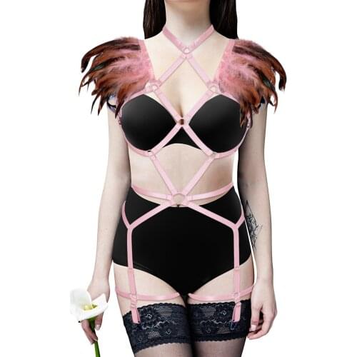 Sexy Feather Cage Bra Bandage Harness Belt Hollow Out Party Rave Wear Full Body Harness Women Elastic Stocking Strappy Bralette