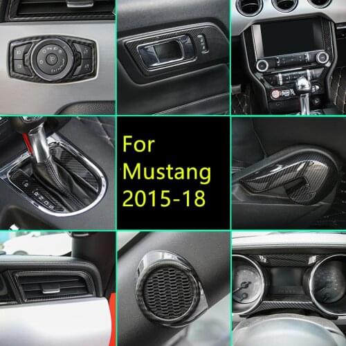 Carbin Fibre Doors Handle Loudspeaker Air Outlet Navigation Seat Adjust Button Frame Cover For Ford Mustang 2015 16 17 18 AAA024