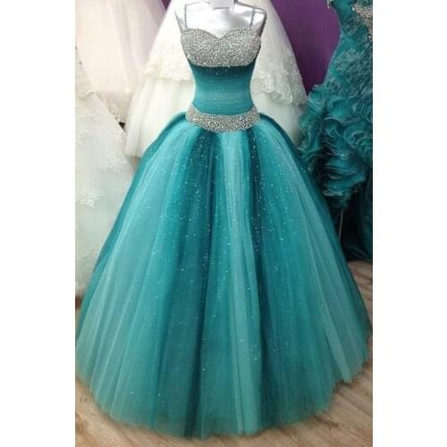 Dlass 2020 Quinceanera Dresses Ball Gown Spaghetti Straps Tulle Beaded Crystals Green Evening Party Dress vestidos de fiesta