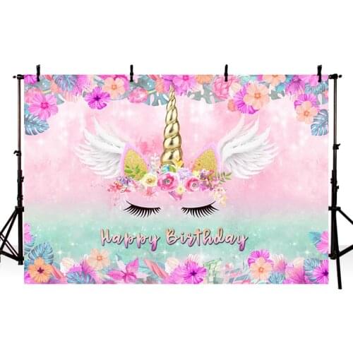 Photography Backdrops Unicorn Wing Flowers Decor Banner Happy Birthday Party Background Photo Studio Photocall Photozone