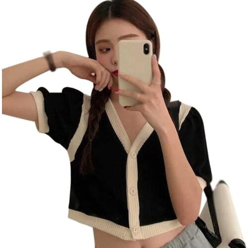 French V-neck Contrast Short Tshirt Knitted Short Sleeve Womens Summer Bubble Sleeve Tee Tops
