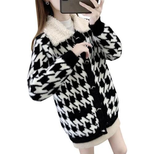 Cardigan Women Autumn Winter Sweater Coat Imitation Mink Fleece Elegant Jacket Korean Loose Houndstooth knit Cardigan R713