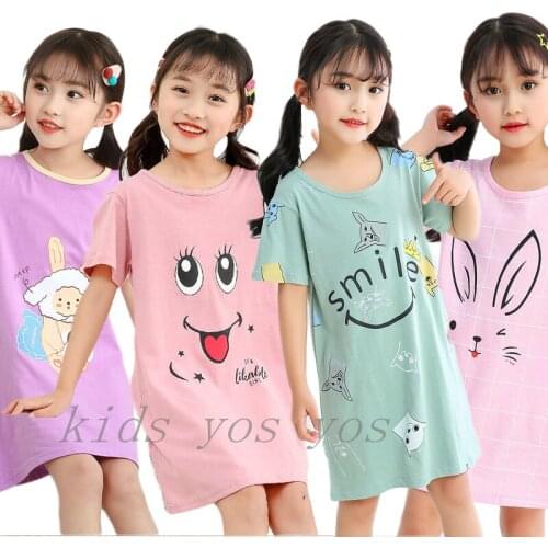 Summer Girls Night Dress Kids Pajamas Cotton Girls Animal Nightgowns Short-Sleeve Children Sleepwear Cartoon Big Girls Clothes