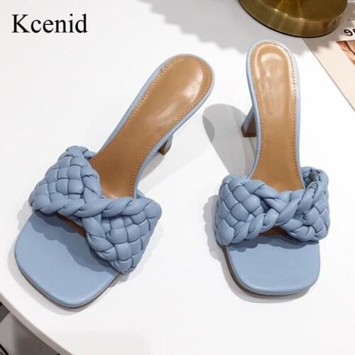 Kcenid 2021 Summer Women Slippers Open Toe Fashion Weave Ladies Sandal Shoes Thin High Heels Outdoor Dress Pumps Shoes Slides
