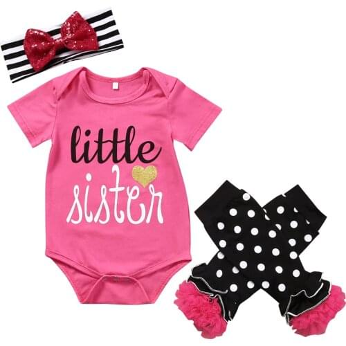 3Pcs Summer Newborn Baby Girls Kid Little Sister Short Sleeve Bodysuit Polk Dot Leg Warmers Headband Lovely Clothes Outfit Set