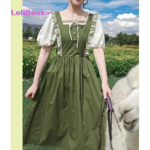 Lolibook 2021 Summer Japanese Kawaii Green Dress Women French Vintage Sweet Cross Bubble Sleeve Dress Fit Chic Slim Midi Dresses