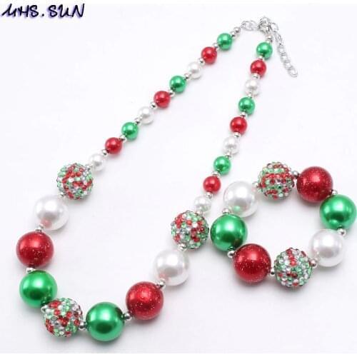 MHS.SUN Christmas jewelry baby girls cute chunky bubblegum necklace bracelets green+red+white beads diy necklace kids gift