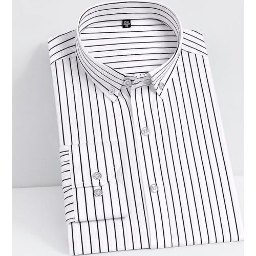 Mens Long Sleeve Striped Dress Shirt Button Down Collar Stretch Male Casual Business Formal Wrinkle Resistant Fabric Shirts
