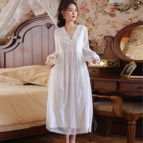 Wasteheart New White Women Homewear Female Sexy Sleepwear Night Dress Long Lace V Neck Nightwear Nightgown Sleepwear Court Gown