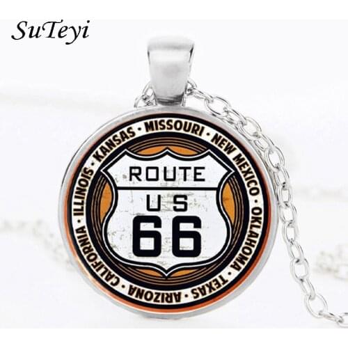 Punk Artistic Picture Cabochon Necklace Colors USA Route 66 Sign Charming Gifts Glass Pendant Link Chains Zinc Alloy Jewelry