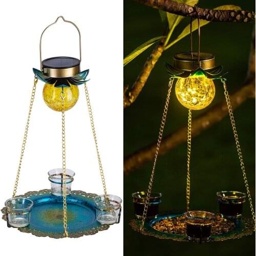 Solar Powered Birds Feeder Outdoor Hanging Waterproof Birds Food Tray Garden Metal Flower Decorative LED Lighting UD88