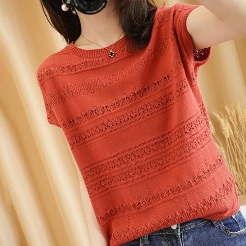 Summer Womans Sweaters Female Pullover O-Neck Short Sleeve 100% Cotton Knitted Tops Cool Hollow Clothes Pull Femme Jumpers Chic