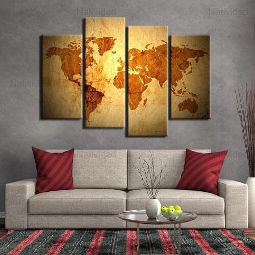 Modern 4 Piece Canvas Painting Abstract World Map Home Decoration Picture Frameless Living Room Poster and Print Artwork