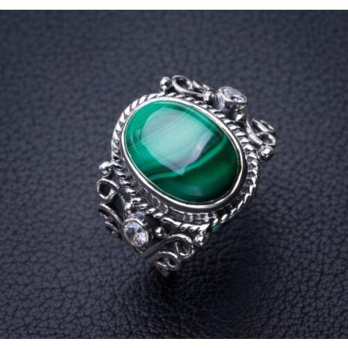 StarGems Natural Malachite And Zircon Handmade 925 Sterling Silver Ring 7.25 E2950