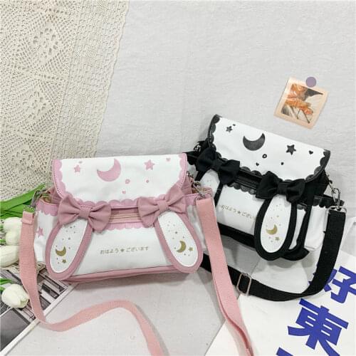 Japanese Sweet Cute Moon Stars Rabbit Ears JK Bag Girly Cartoon Canvas Bags Cosplay Gothic Lolita Single Shoulder Messenger Bag