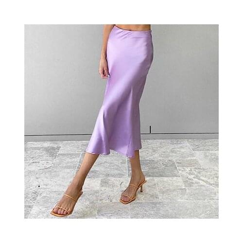 Womens Satin Skirt 2021 Summer Purple Midi Long Skirt Female High Waist Split Casual Slim Elegant Office Lady Chic Skirt