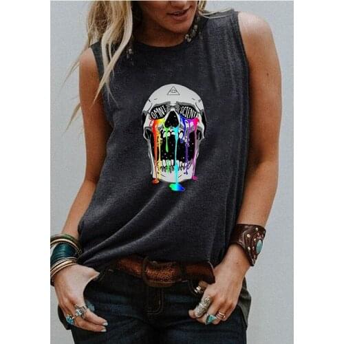 Summer Women Waistcoat Cotton 100% Sleeveless Skull Print Female Fashion Casual Camisole Streetwear Ladies Loose O-Neck Tank Top