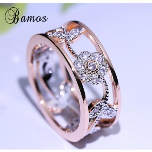 Bamos Exquisite Flower Wedding Rings For Women Fashion Rose Gold Color Jewelry Luxury Cubic Zirconia Ring 2018 Mothers Day Gift