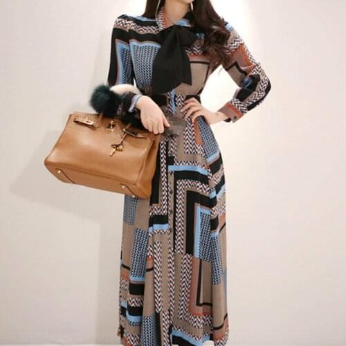 2019 Spring Korean Multicolor Patchwork Print Geometric Maxi Dress Bow Single-breasted Long Sleeve Big Swing Dress Vestidos