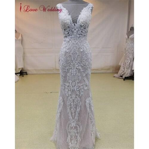 100% Real Glamorous Full Lace Mermaid Wedding Dress V Neck Backless Ivory Sexy Bridal Gown 2021 robe de mariée