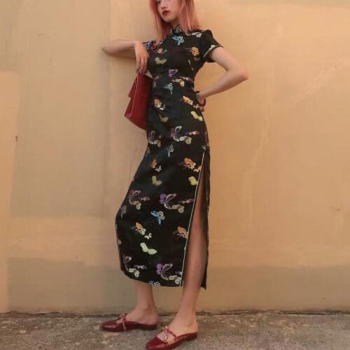 Elegant Women Long Qipao Dress Vintage Button Cheongsam Sexy Slim High Slit Chinese Dress Classic Mandarin Collar Party Vestidos