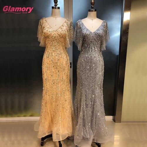 Gold V Neck Sexy Mermaid Evening Gowns Sequins Beaded Women Long Dresses With Short Sleeves