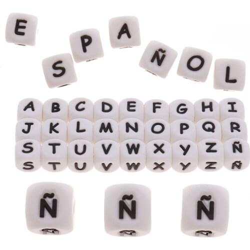 FKISBOX 20pc Spanish Alphabet Silicone Beads12mm Letter Dice Silicon Beads Baby Teething Bpa Free Bead For Baby Teether Creative
